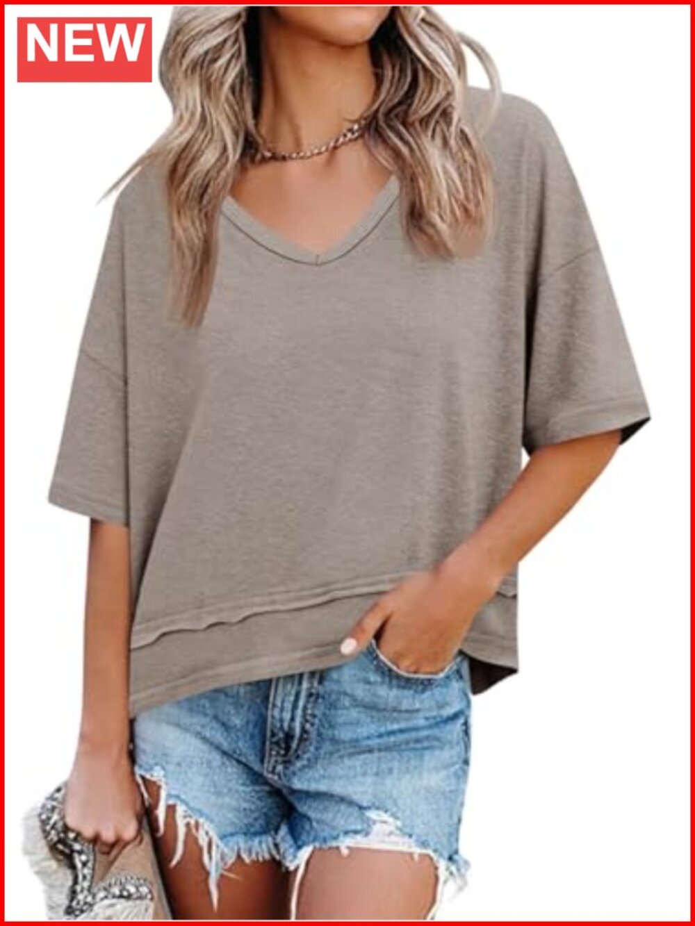 Womens Summer V Neck T Shirt Loose Fit Oversized Casual Top
